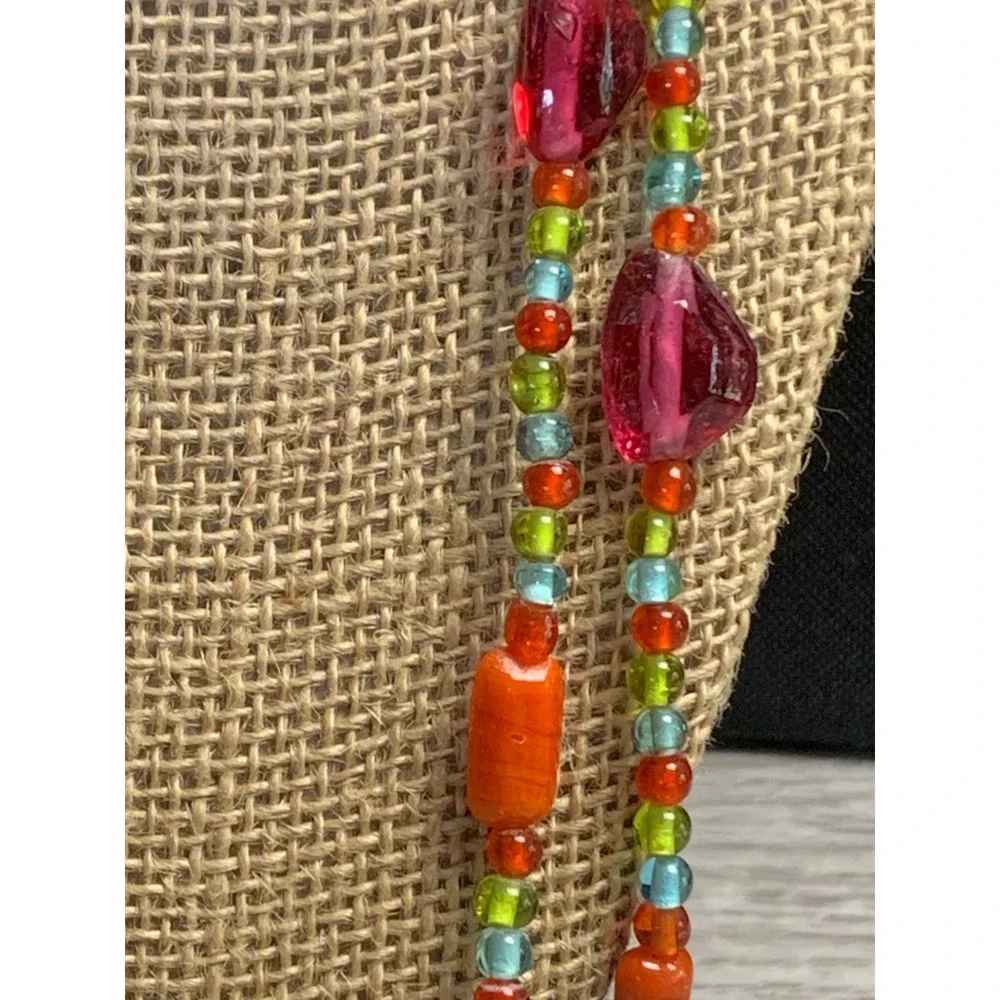 Vintage Colorful Multi Strand Glass Bead Long Necklace 56 Inch Boho 3455